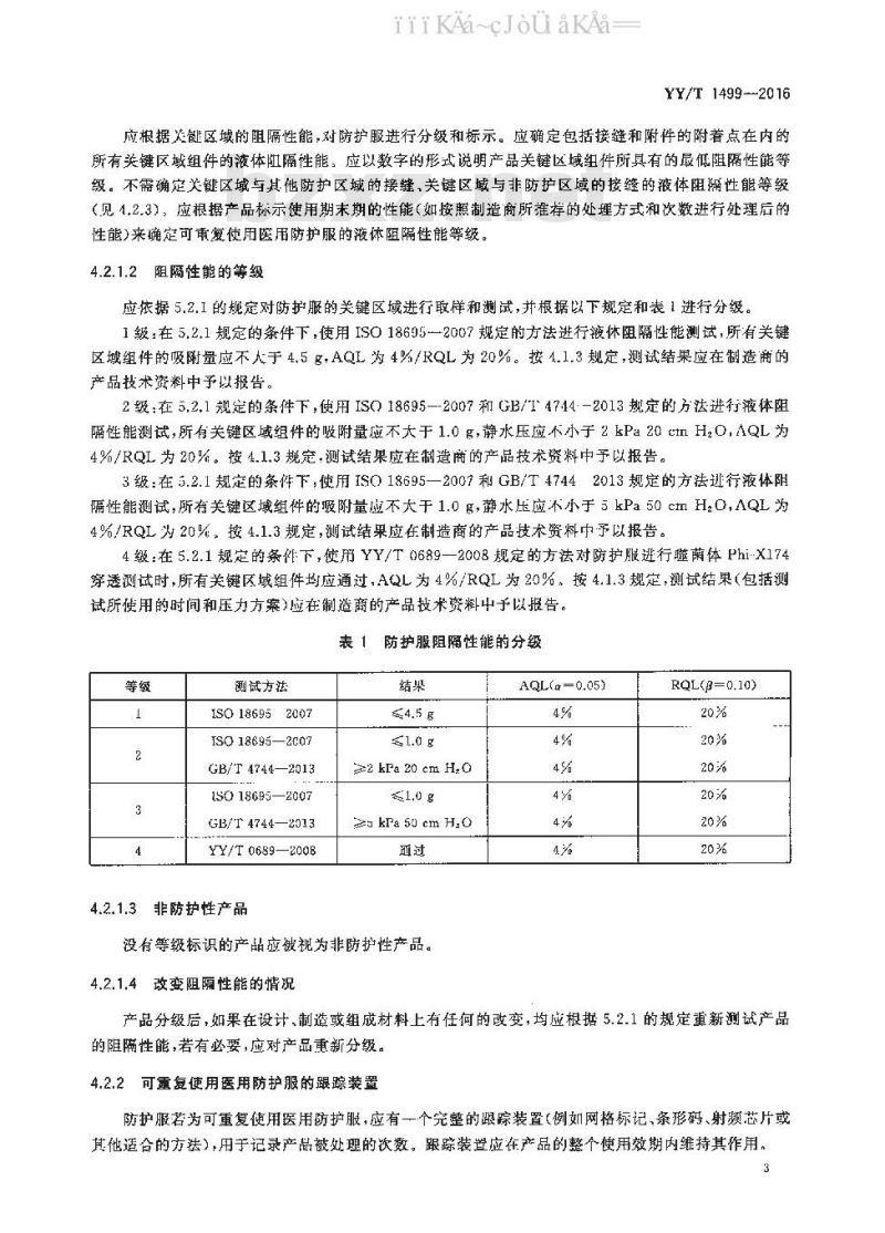 YY/T 1499-2016 医用防护服的液体阻隔性能和分级