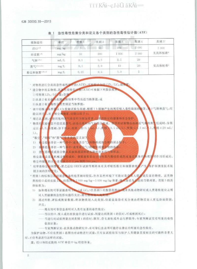 GB 30000.18-2013 化学品分类和标签规范 第18部分：急性毒性