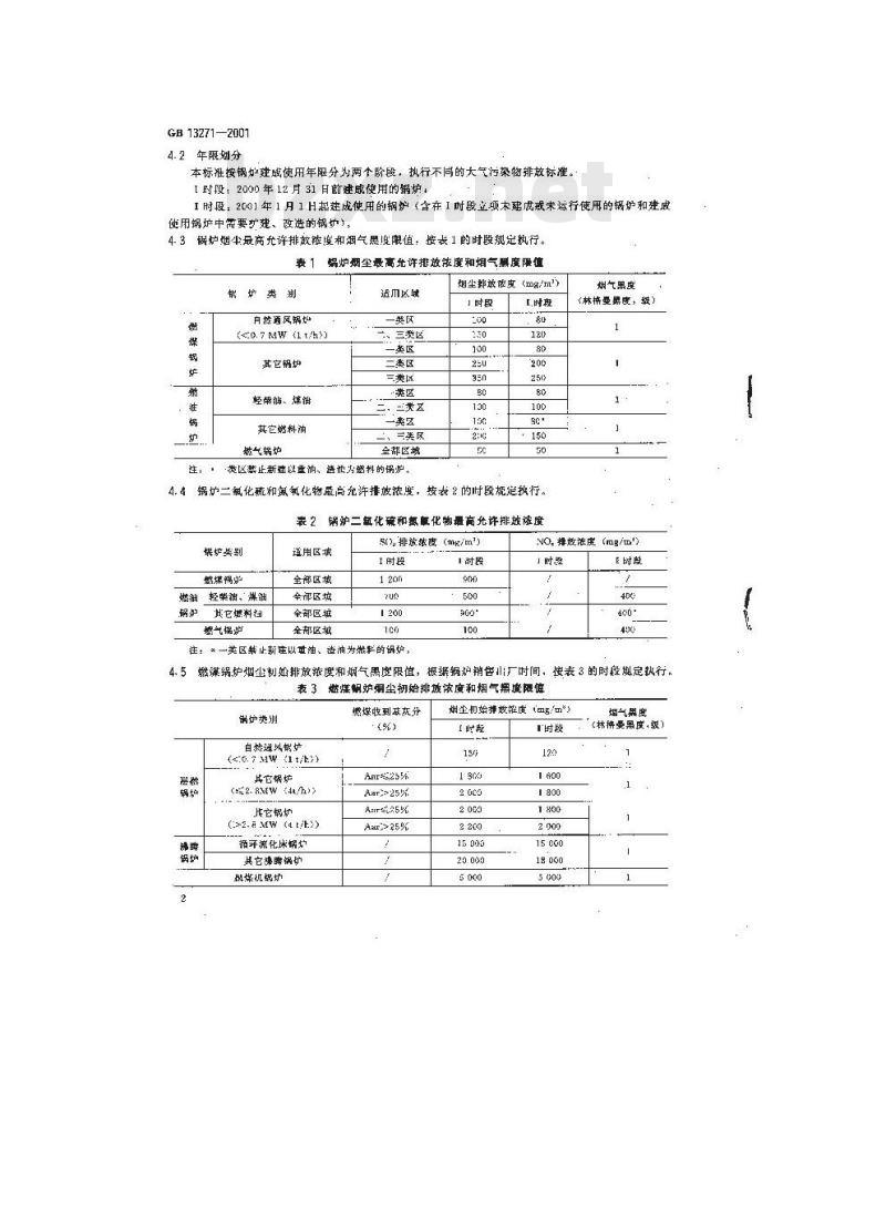 GB 13271-2001 锅炉大气污染物排放标准