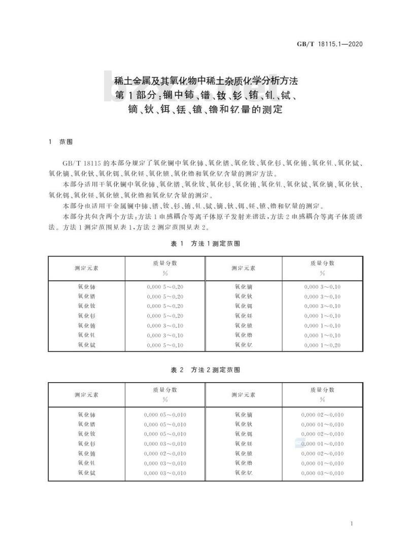GB/T 18115.1-2020 稀土金属及其氧化物中稀土杂质化学分析方法第1部分:镧中铈、镨、钕、钐、铕、钆、铽、镝、钬、铒、铥、镱、镥和钇量的测定