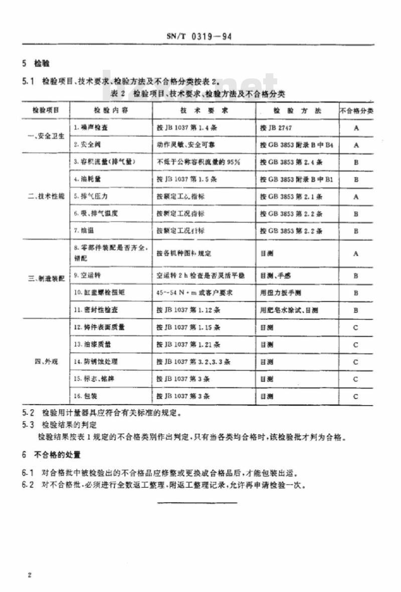 SN/T 0319-94 出口微型往复活塞空气压缩机头检验规程