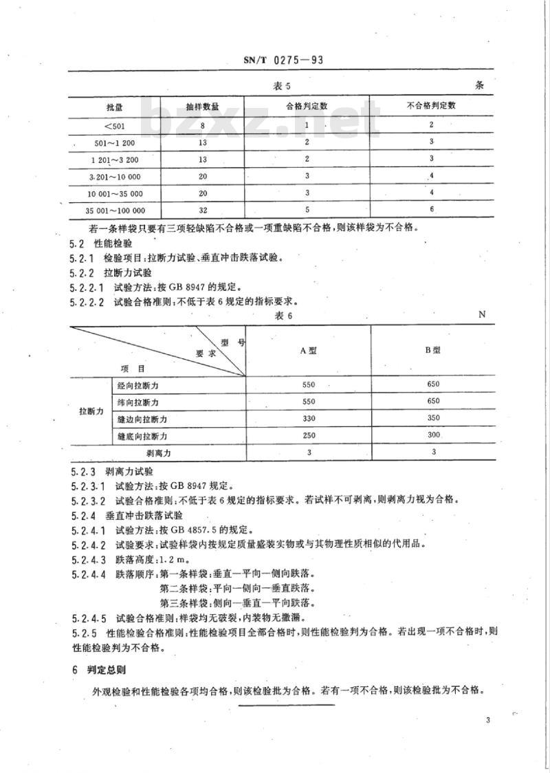 SN/T 0275-93 出口商品运输包装复合塑料编织袋检验规程