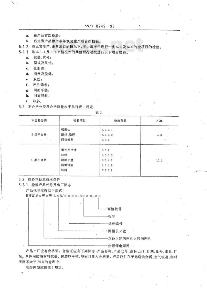 SN/T 0249-93 出口热镀锌电焊网检验规程