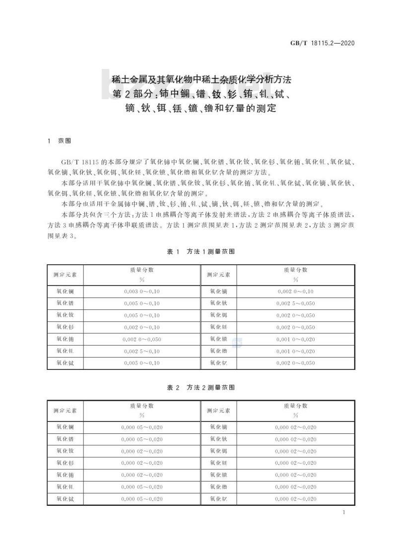 GB/T 18115.2-2020 稀土金属及其氧化物中稀土杂质化学分析方法第2部分:铈中镧、镨、钕、钐、铕、钆、铽、镝、钬、铒、铥、镱、镥和钇量的测定