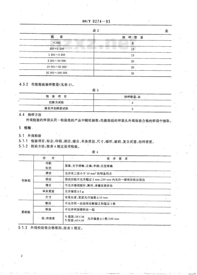 SN/T 0274-93 出口商品运输包装塑料编织袋检验规程