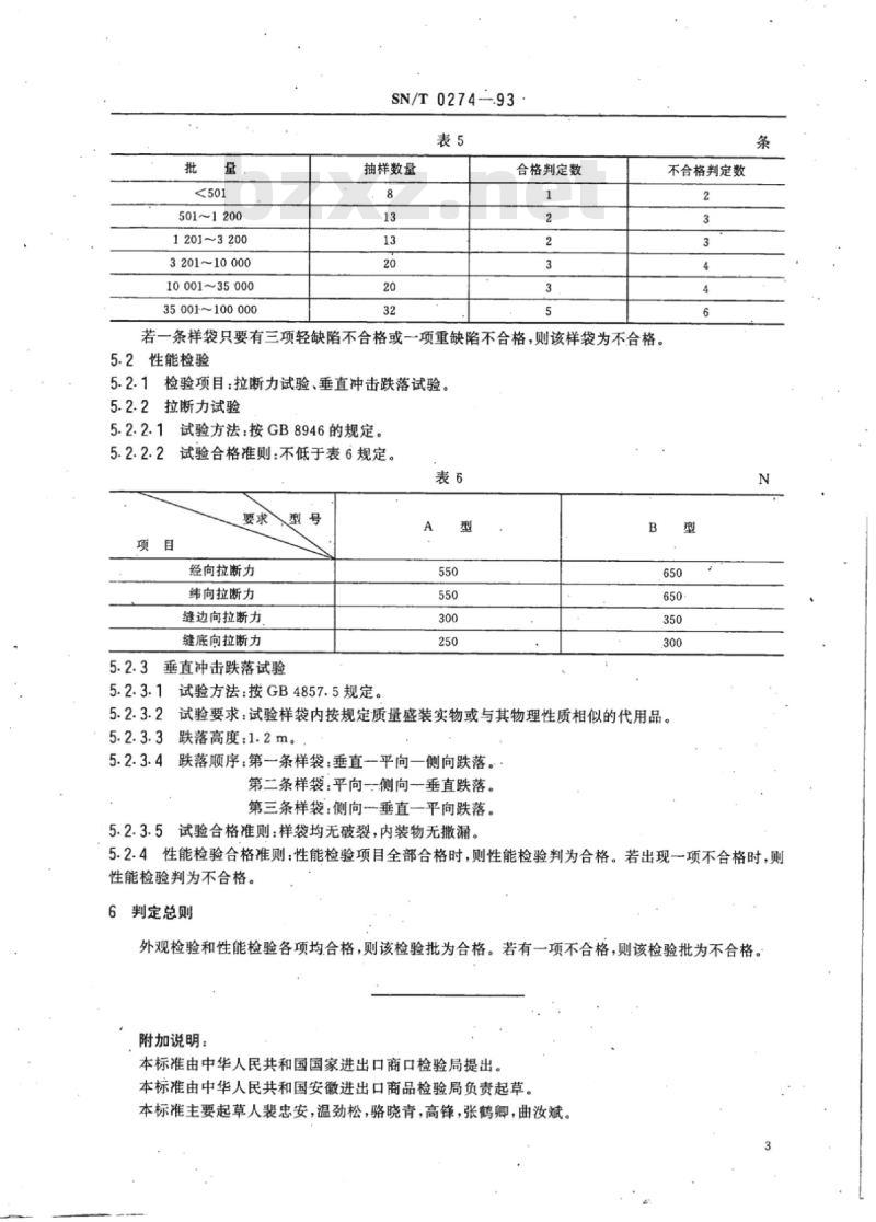 SN/T 0274-93 出口商品运输包装塑料编织袋检验规程