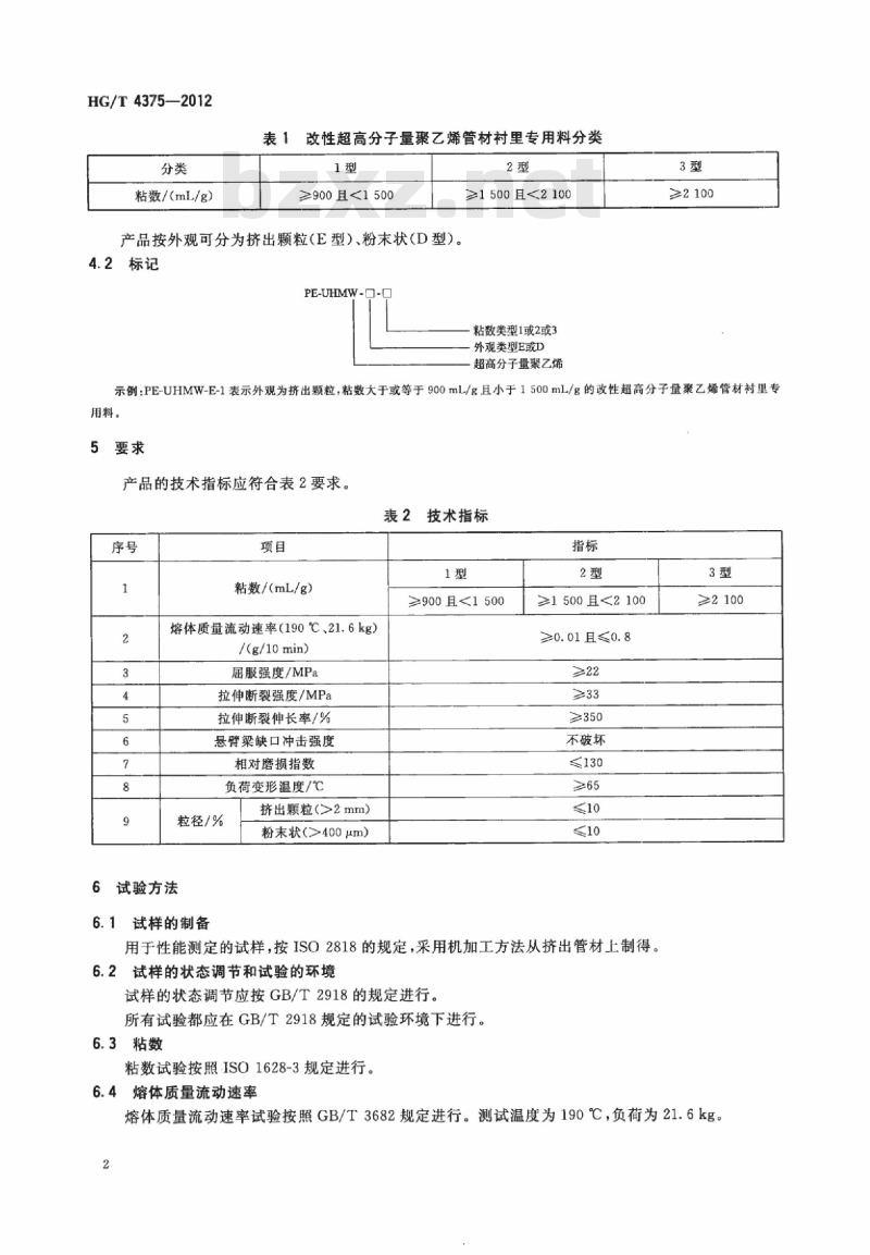 HG/T 4375-2012 改性超高分子量聚乙烯管材衬里专用料