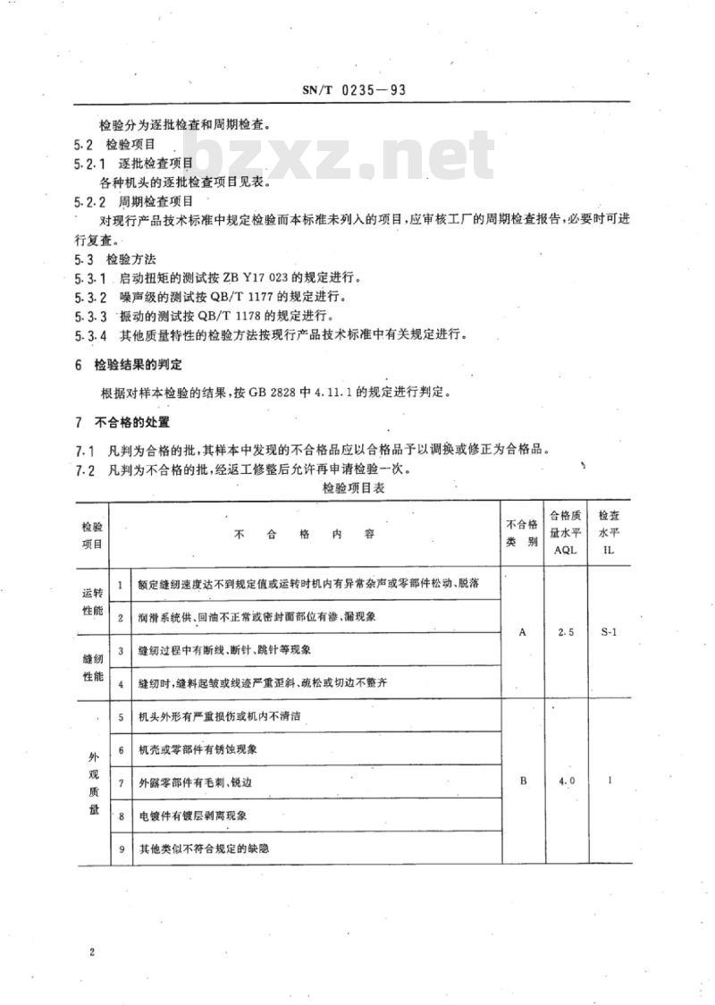 SN/T 0235-93 出口工业缝纫机机头检验规程