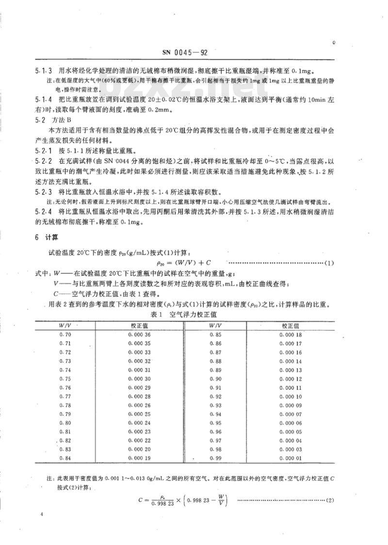 SN 0045-92 出口石脑油PONA值检验方法利普金双毛细管比重瓶法测定液体的密度和比重