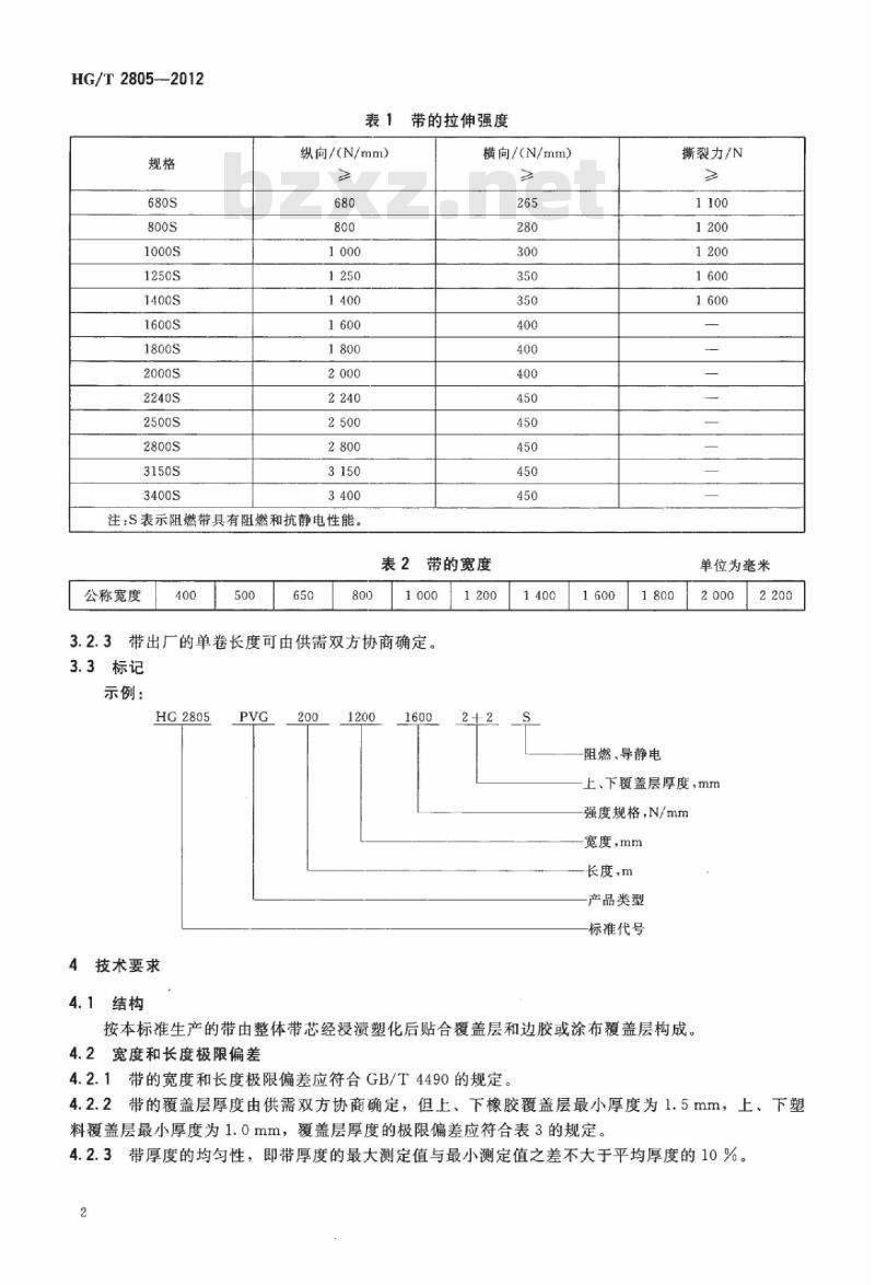 HG/T 2805-2012 代替 HG 2805-1996 煤矿井下用织物整芯阻燃输送带