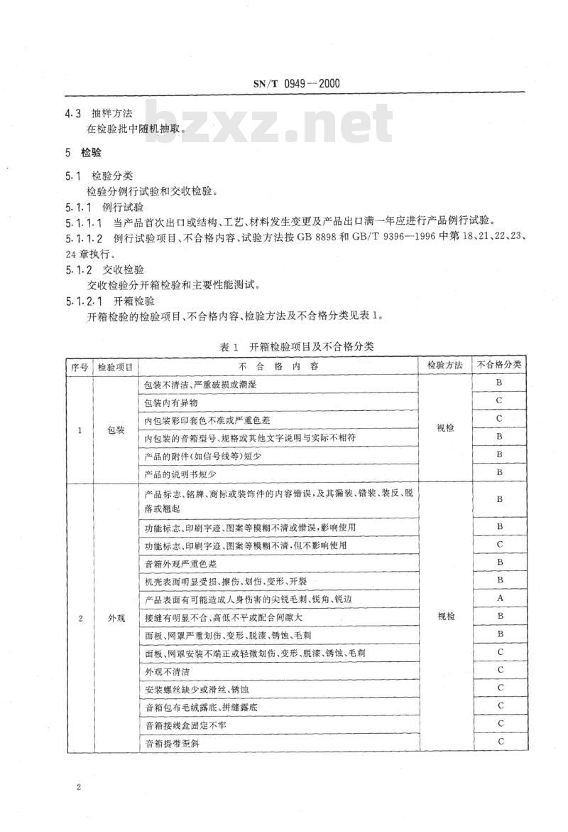 SN/T 0949-2000 进出口汽车及个人计算机用音箱检验规程