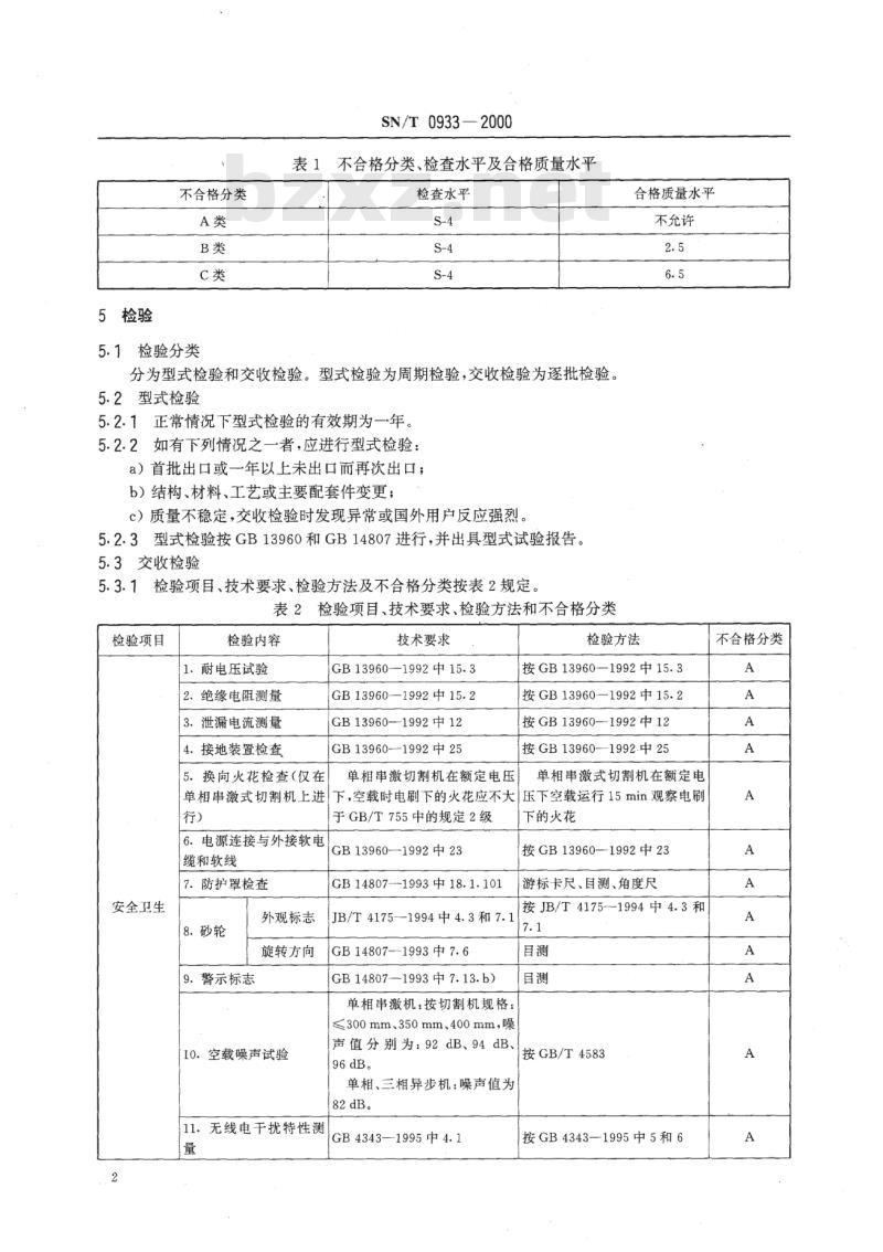 SN/T 0933-2000 进出口可移式电动工具型材切割机检验规程