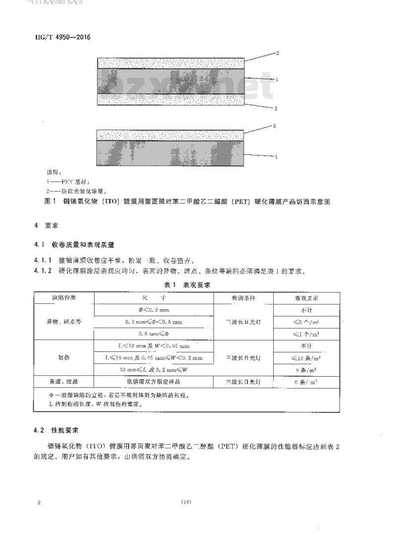 HG/T 4950-2016 铟锡氧化物(ITO)镀膜用雾面聚对苯二甲酸乙二醇酯(PET)硬化薄膜