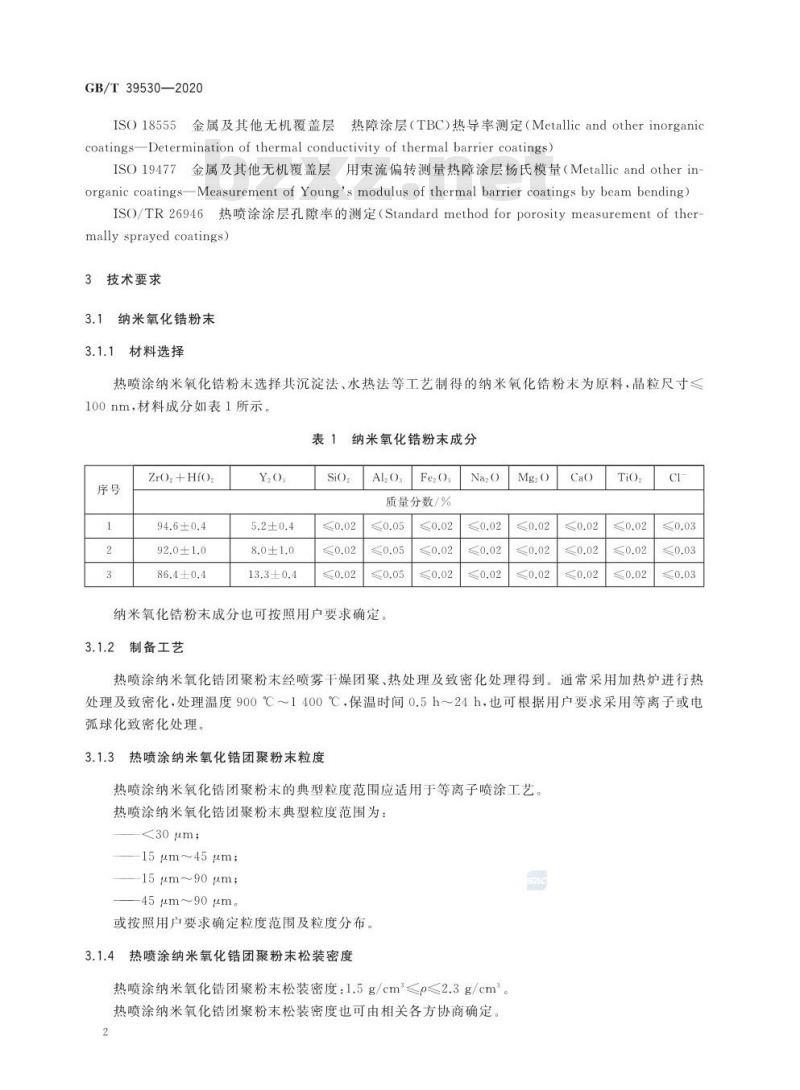 GB/T 39530-2020 热喷涂 纳米氧化锆粉末及涂层制备工艺技术条件