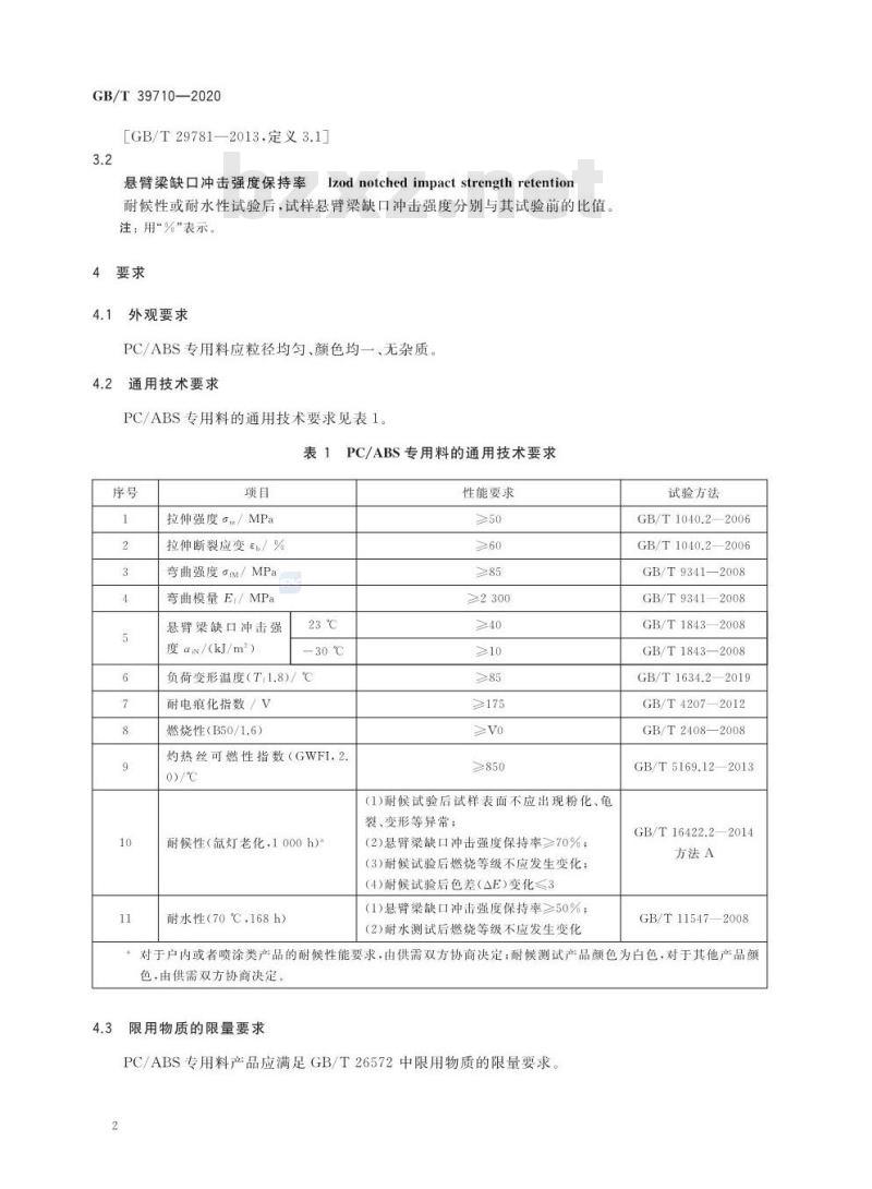 GB/T 39710-2020 电动汽车充电桩壳体用聚碳酸酯/丙烯腈-丁二烯-苯乙烯(PC/ABS)专用料