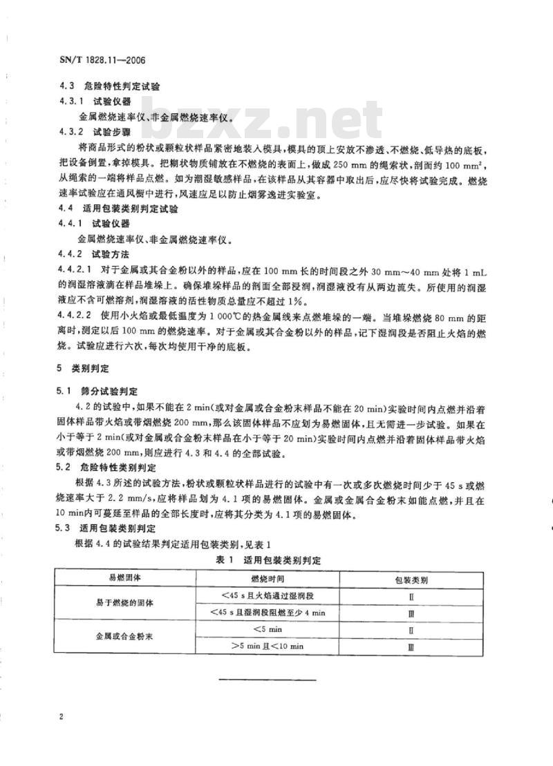 SN/T 1828.11-2006 进出口危险货物分类试验方法第11部分:易燃固体