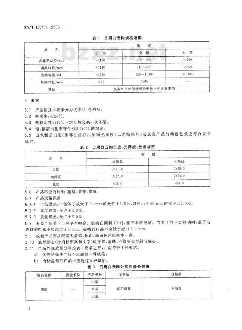 SN/T 1561.1-2005 出口白云陶检验规程第1部分:日用白云陶
