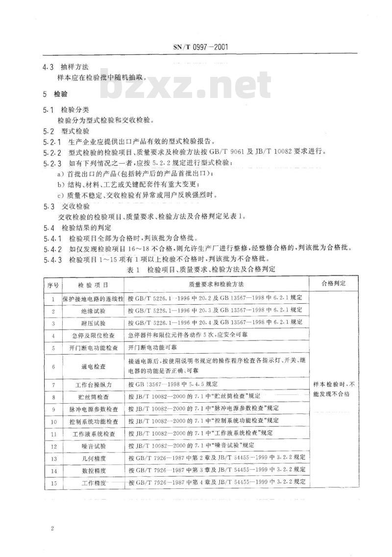 SN/T 0997-2001 出口特种加工机床 电火花线切割机检验规程