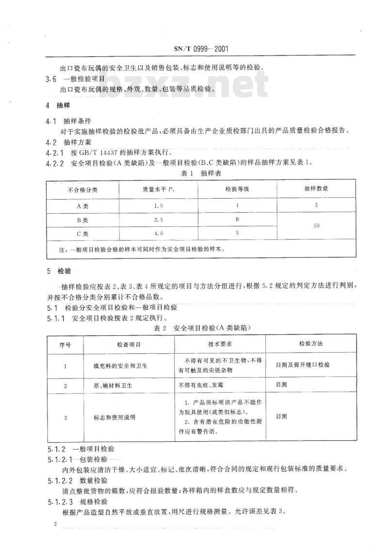 SN/T 0999-2001 出口瓷布玩偶检验规程