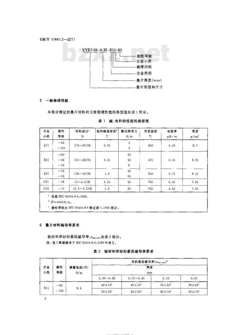 GB/T 11441.2-2011 通信和电子设备用变压器和电感器铁心片第2部分:软磁金属叠片最低磁导率规范