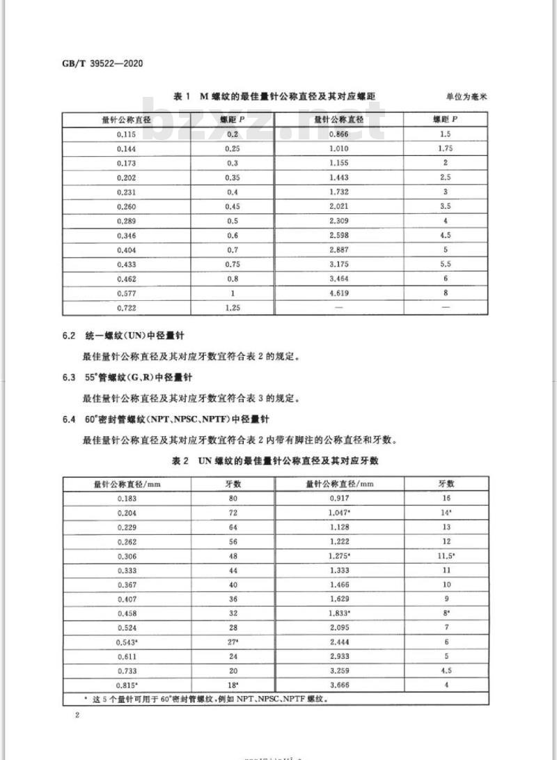 GB/T 39522-2020 螺纹中径米制系列量针