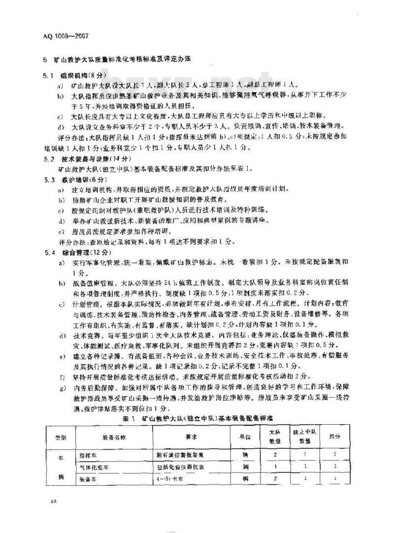 AQ 1009-2007 矿山救护队质量标准化考核规范