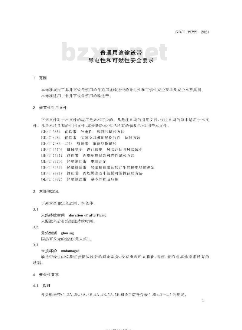 GB/T 39795-2021 普通用途输送带导电性和可燃性安全要求