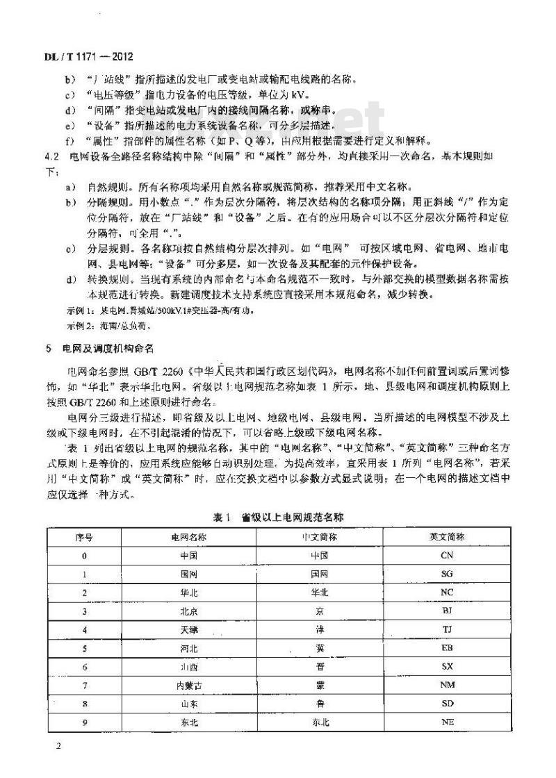 DL/T 1171-2012 电网设备通用数据模型命名规范