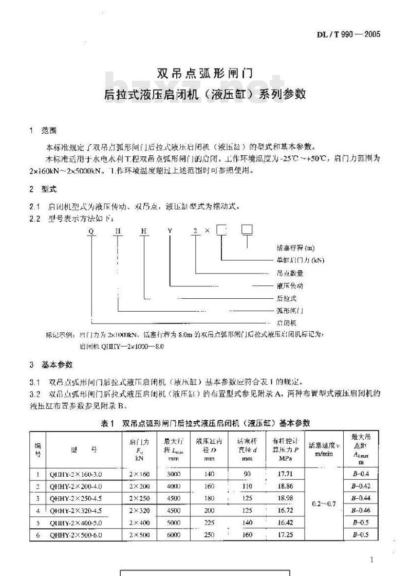 DL/T 990-2005 双吊点弧形闸门后拉式液压启闭机(液压缸)系列参数
