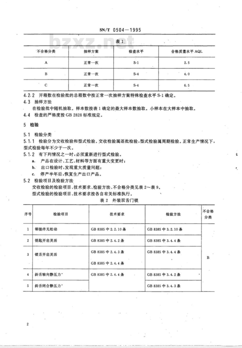 SN/T 0504-1995 出口锁具检验规程