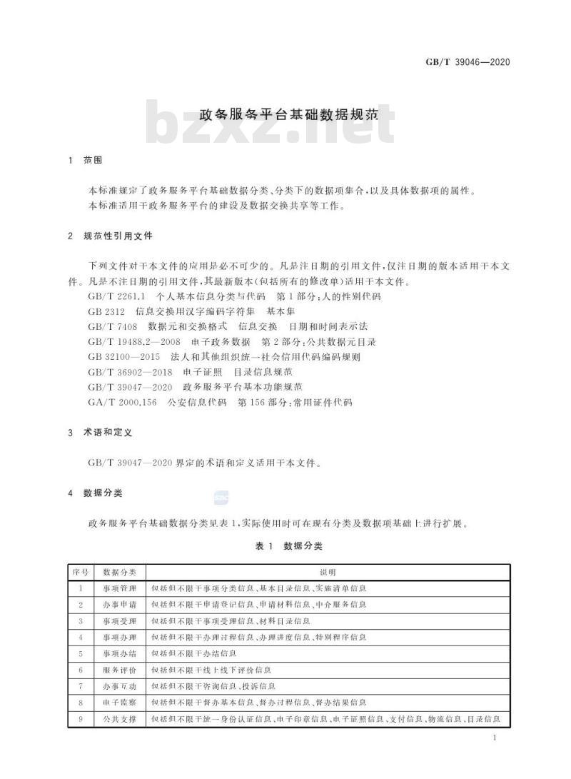 GB/T 39046-2020 政务服务平台基础数据规范