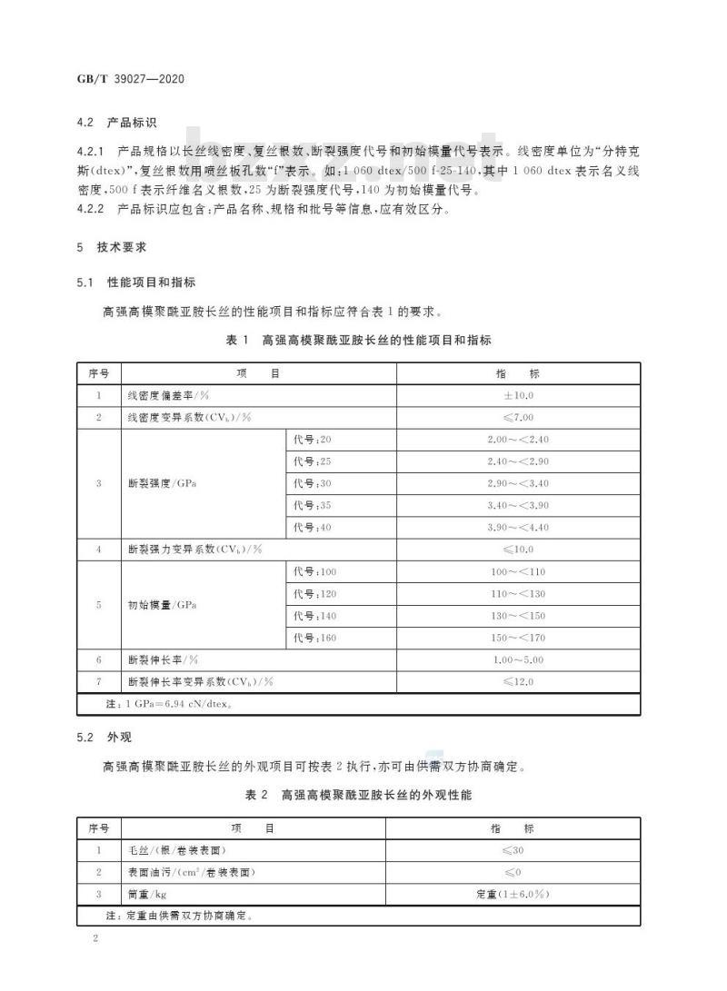 GB/T 39027-2020 高强高模聚酰亚胺长丝