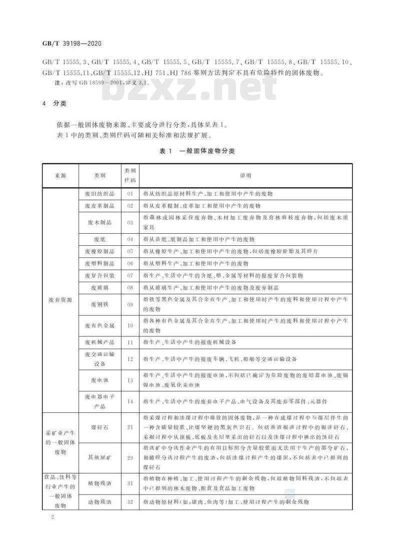 GB/T 39198-2020 一般固体废物分类与代码