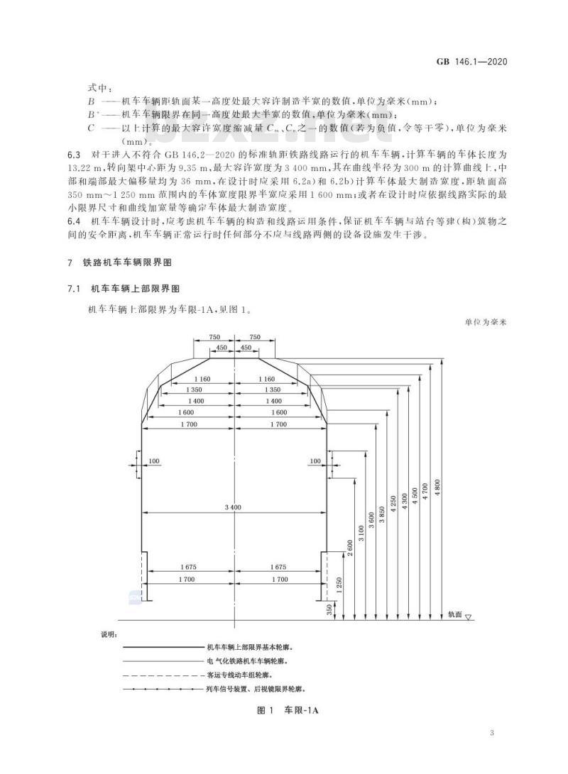 GB 146.1-2020 标准轨距铁路限界第1部分:机车车辆限界