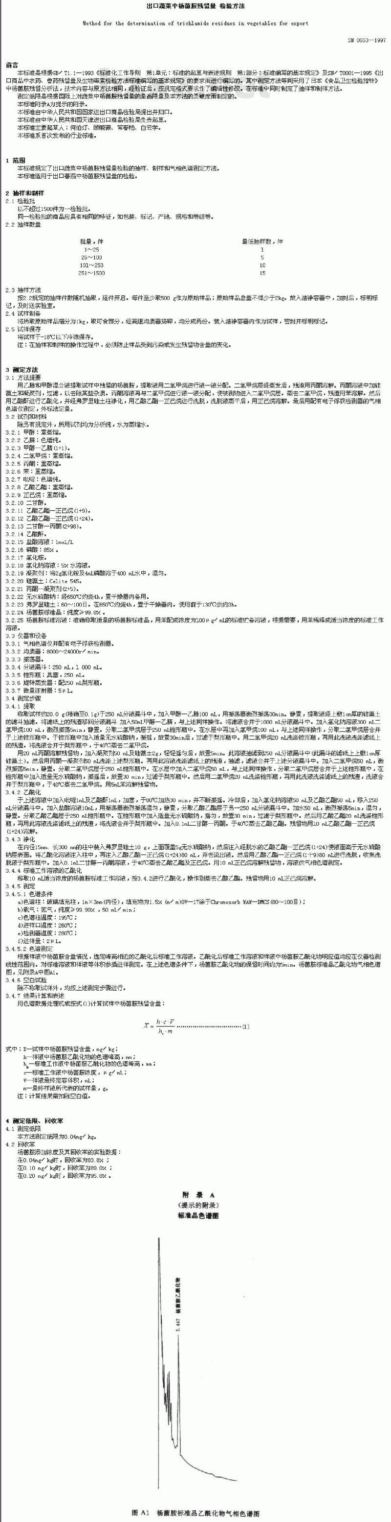 SN 0653-1997 出口蔬菜中杨苗胺残留量检验方法