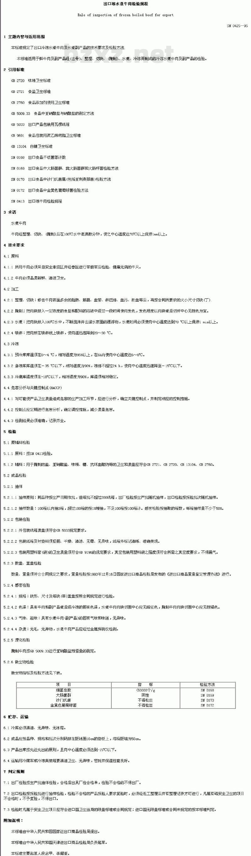 SN 0425-95 出口冻水煮牛肉检验规程