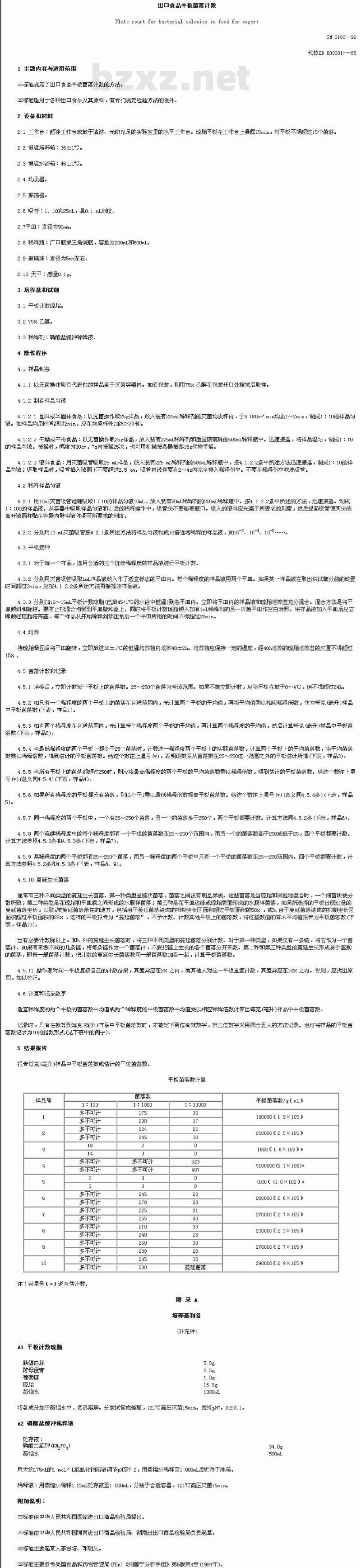 SN 0168-92 出口食品平板苗落计数