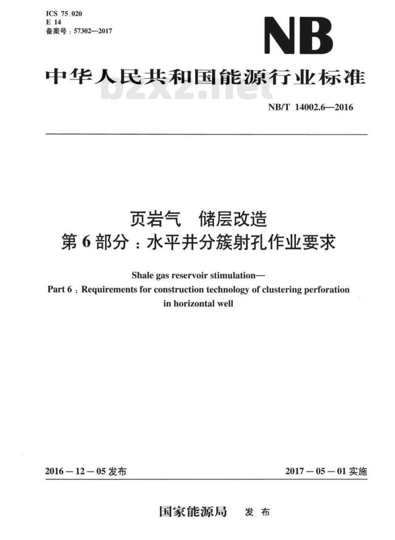NB/T 14002.6-2016 页岩气储层改造第6部分:水平井分簇射孔作业要求