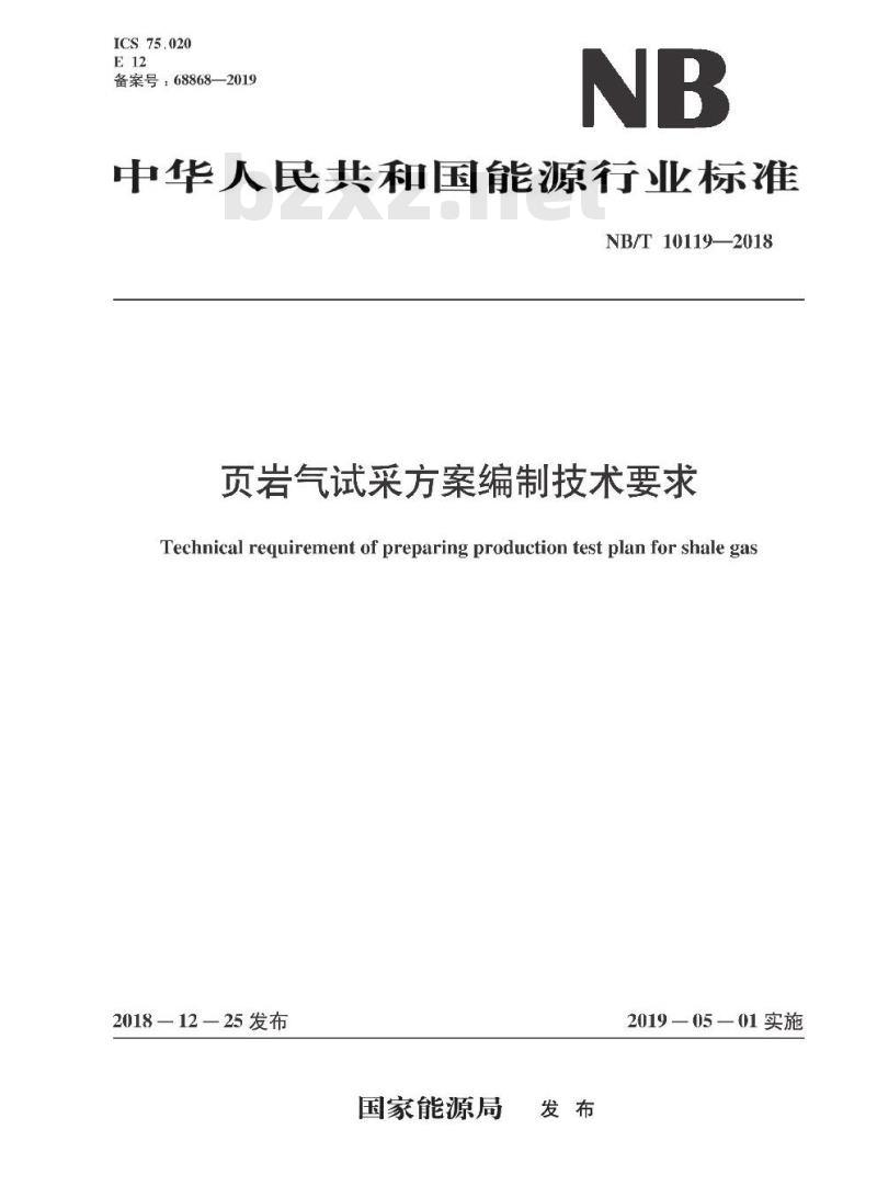 NB/T 10119-2018 页岩气试采方案编制技术要求