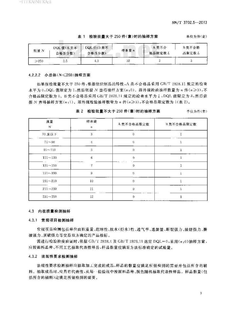 SN/T 3702.5-2013 进出口纺织品质量符合性评价抽样方法第5部分:纺织制品