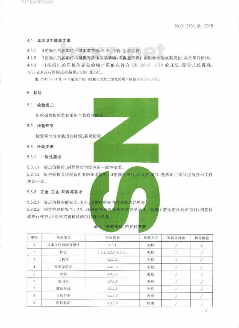 SN/T 3701.12-2015 进口旧机电产品检验技术要求第12部分:液压挖掘机