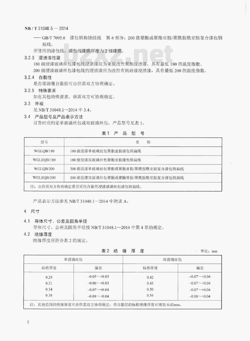 NB/T 31048.5-2014 风力发电机用绕组线第5部分: 180级及以上浸漆玻璃丝包漆包铜扁线
