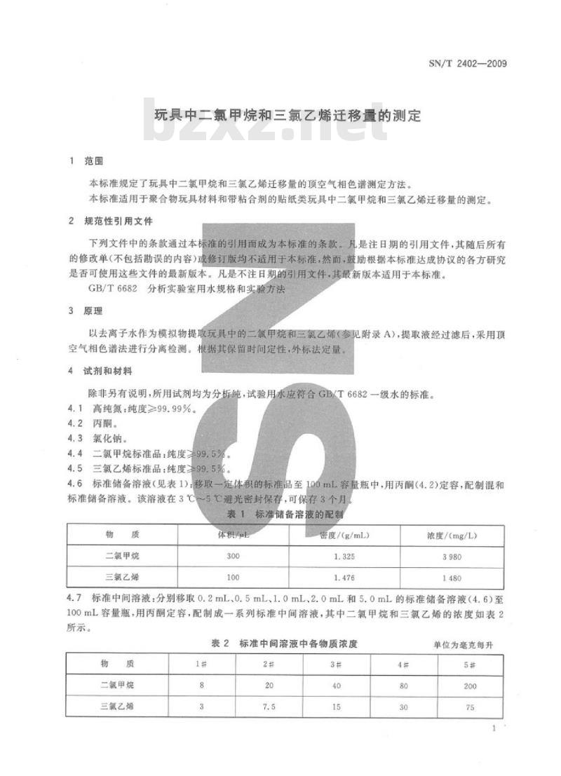 SN/T 2402-2009 玩具中二氯甲烷和三氯乙烯迁移量的测定