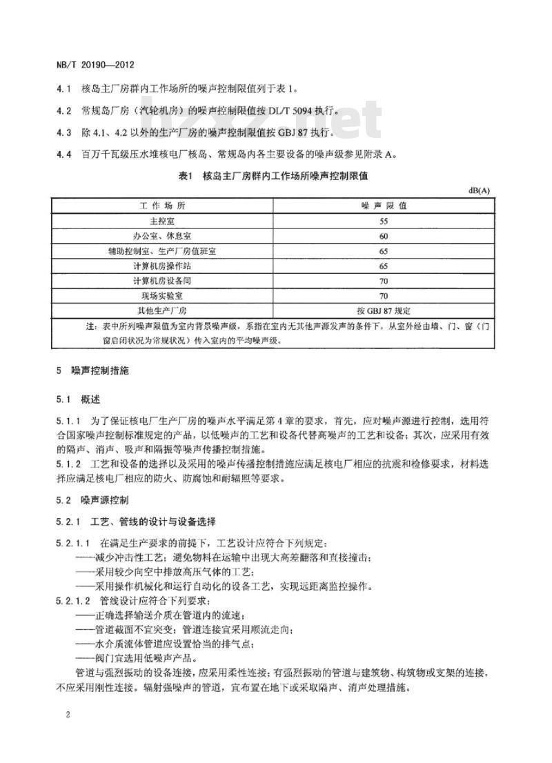 NB/T 20190-2012 核电厂生产厂房的噪声控制