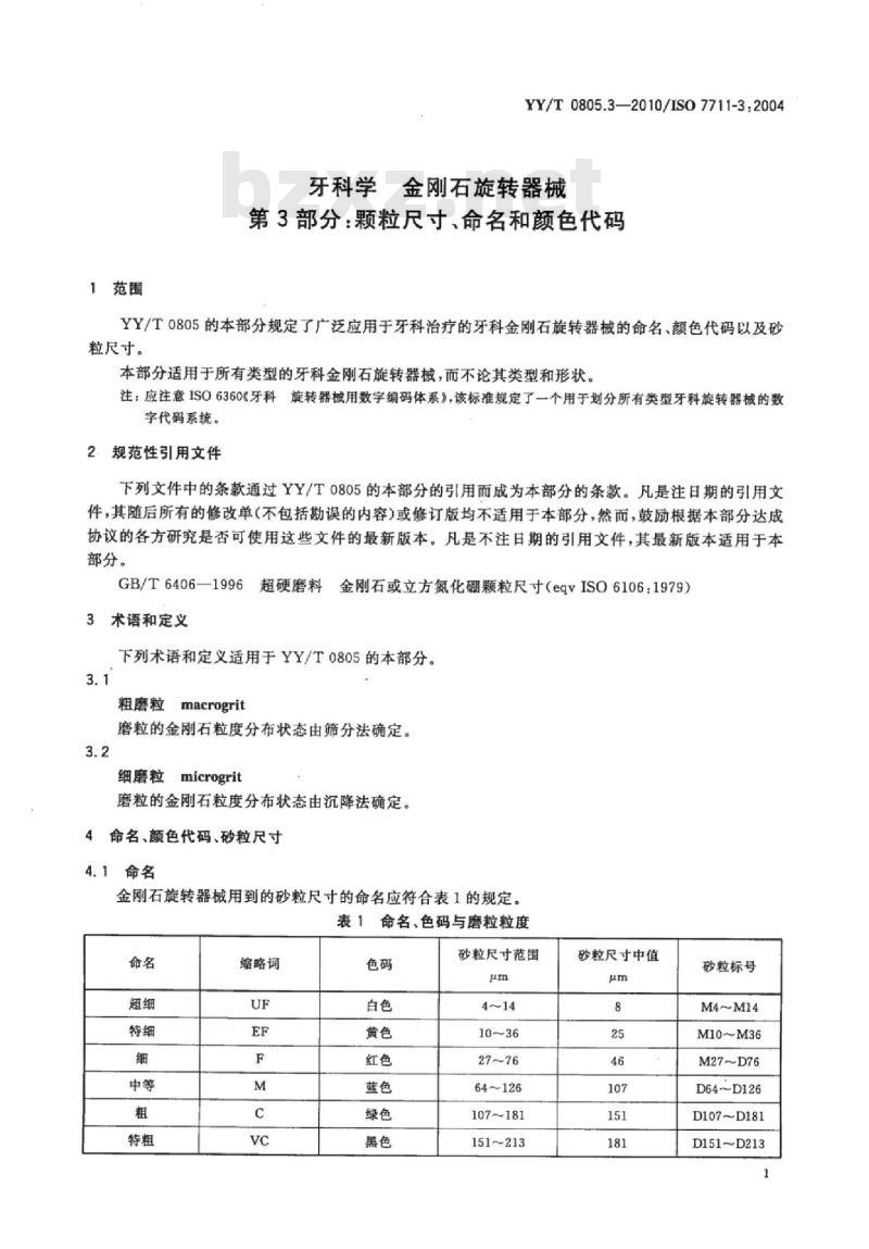 YY/T 0805.3-2010/ISO 7711-3:2004 牙科学，金刚石旋转器械 第3部分:颗粒尺寸、命名和颜色代码