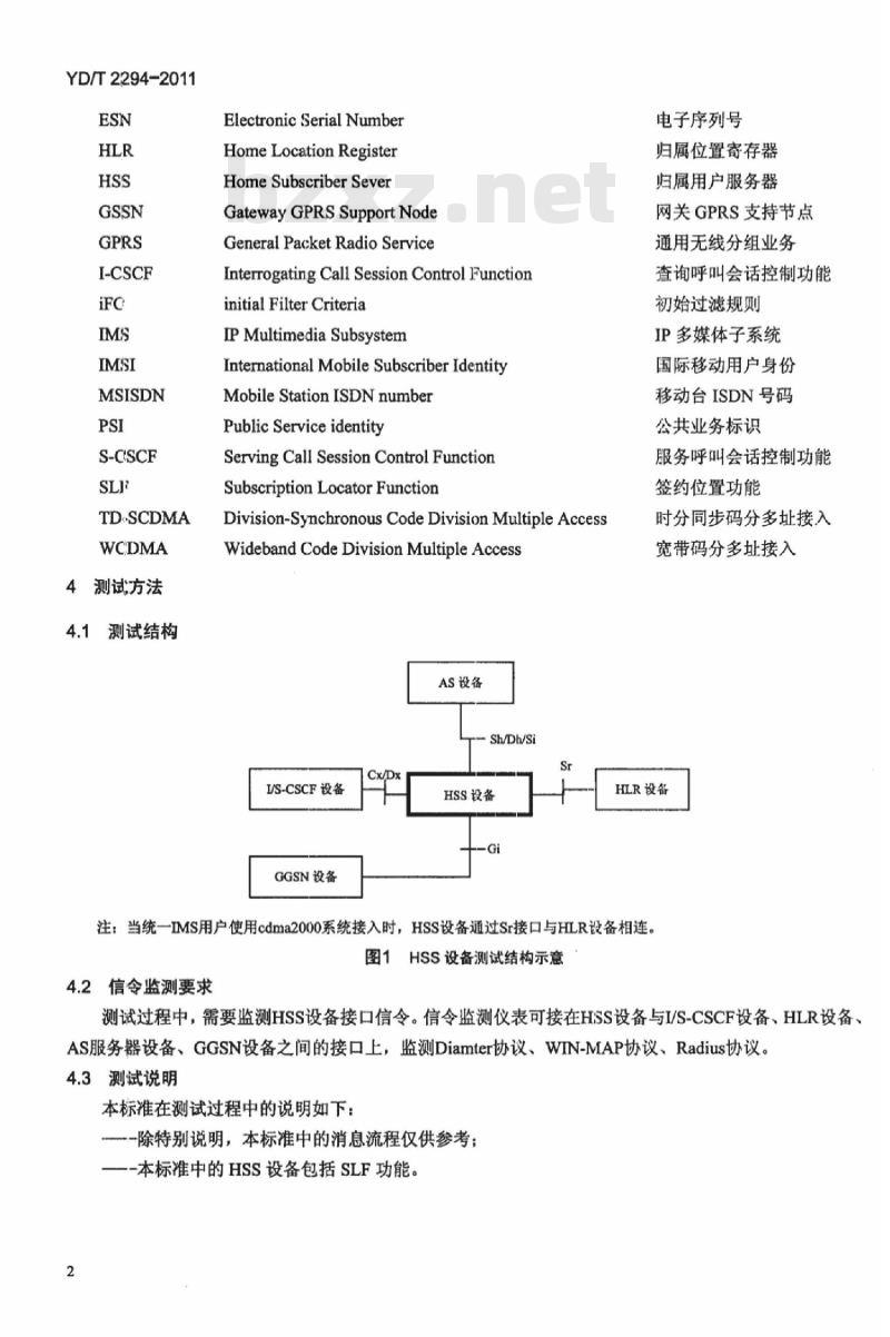 YD/T 2294-2011 统一 IMS 归属用户服务器(HSS)设备测试方法(第一阶段)