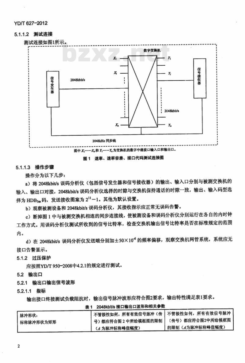 YD/T 627-2012 数字交换机数字中继接口(2048kbit/s)参数及数字中继接口间传输特性和测试方法
