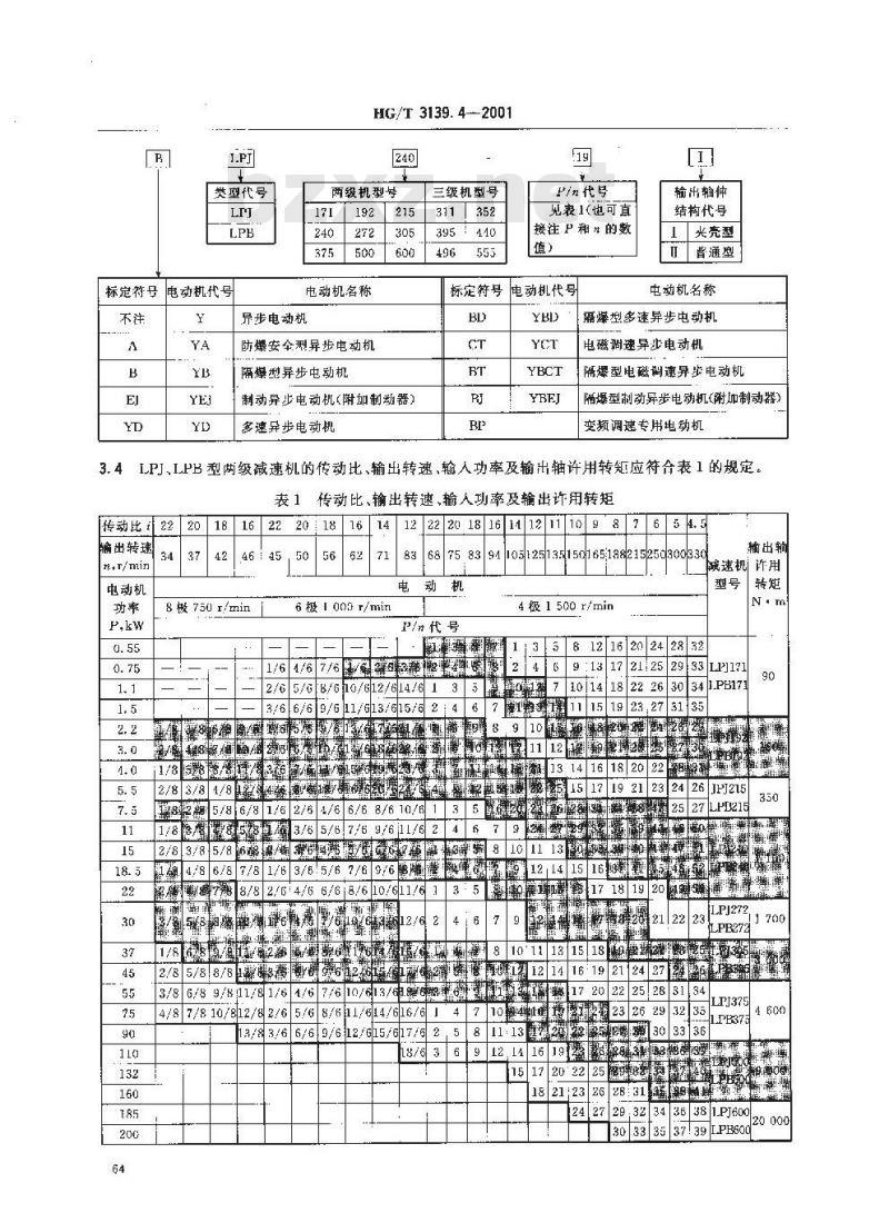 HG/T 3139.4-2001 釜用立式减速机 LPJ 系列圆柱齿轮减速机