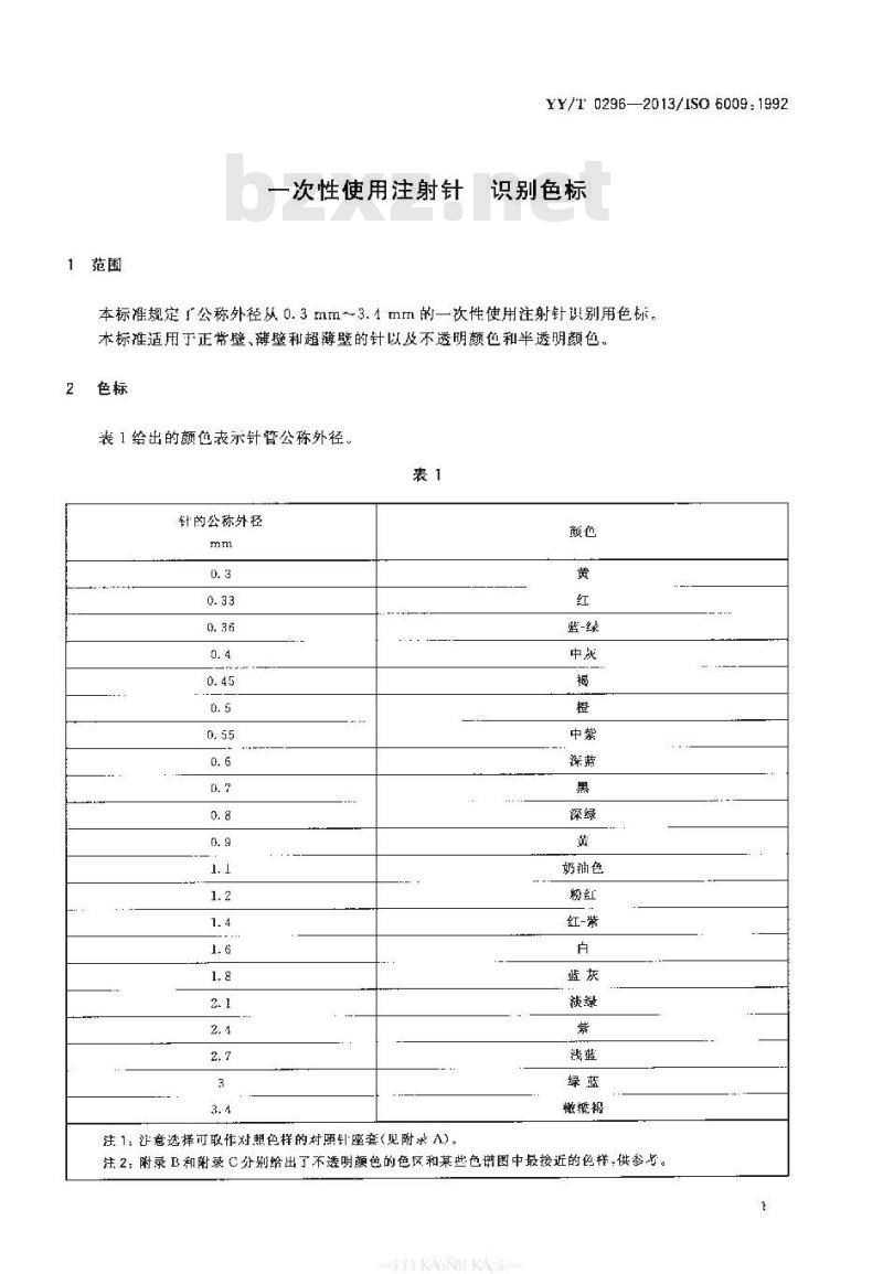 YY/T 0296-2013/ISO 6009 : 1992 一次性使用注射针识别色标