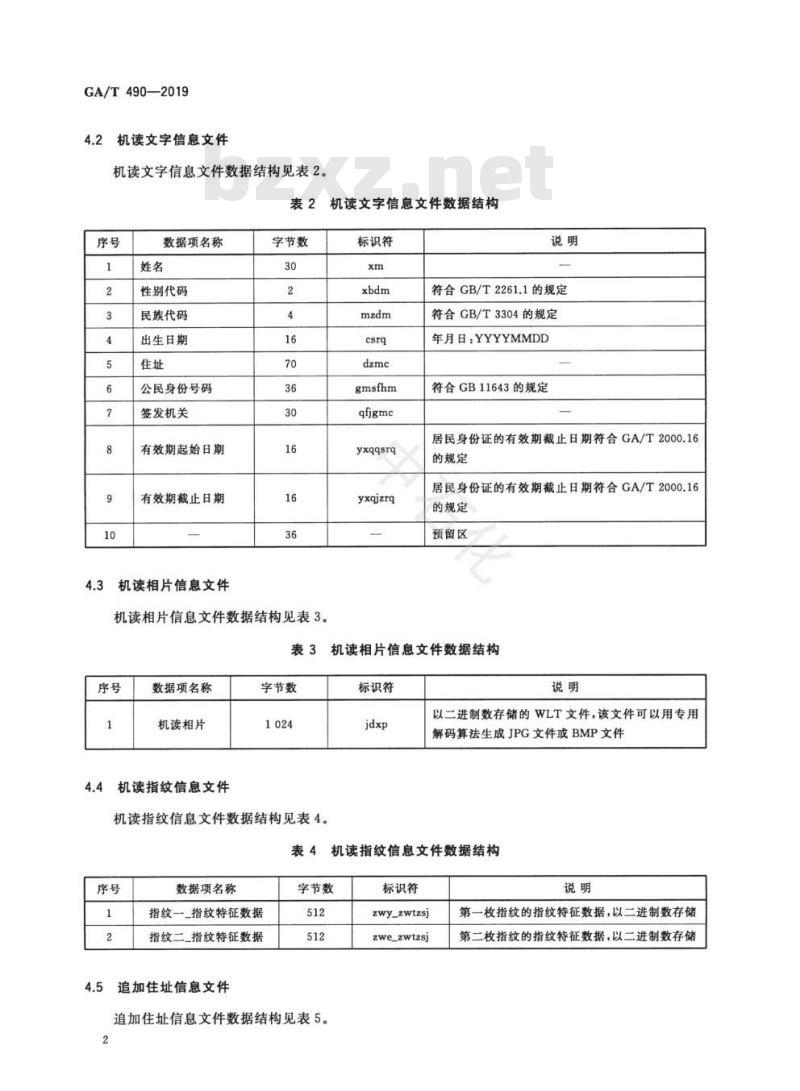 GA/T 490-2019 居民身份证机读信息规范